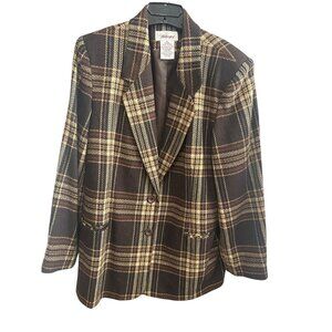 Vintage Worthington Wool Blend Plaid Blazer 16W Brown Checkered Retro Academia